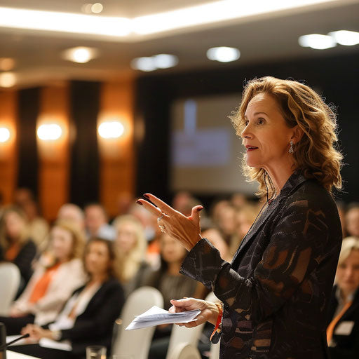 Motivational speaker engaging with audience at seminar