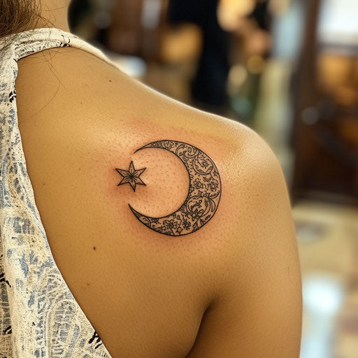 Arabic tattoo with crescent moon and star on shoulder