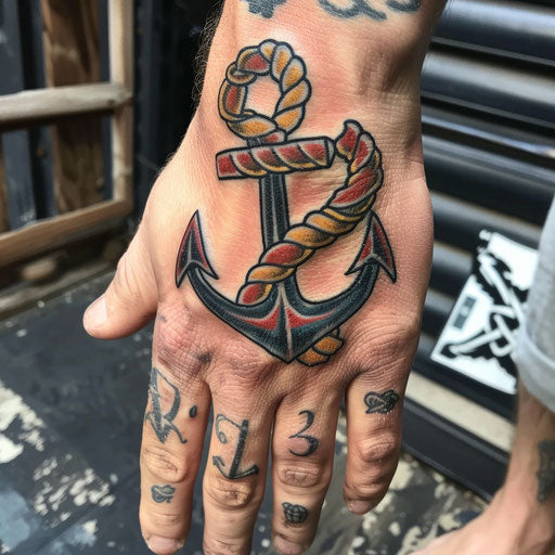 Hand tattoo of an anchor and rope, Sailor Jerry style