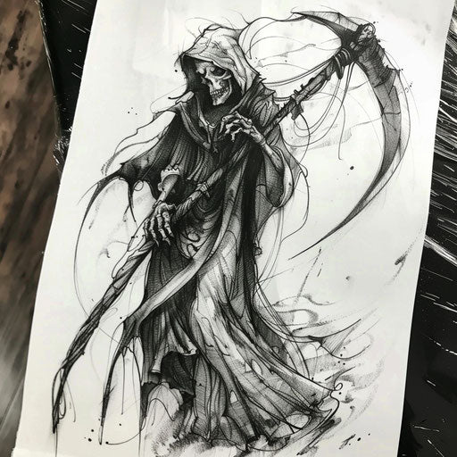 Detailed grim reaper tattoo in black and grey