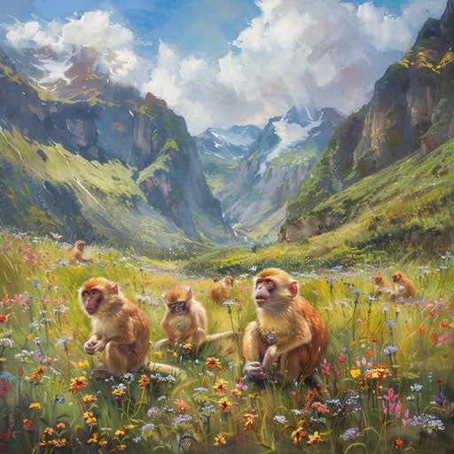 Yunnan snub-nosed monkeys playing in a flowery meadow with majestic mountains