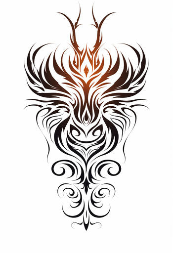 Tribal phoenix tattoo, whimsical animal symbolism, graphic art