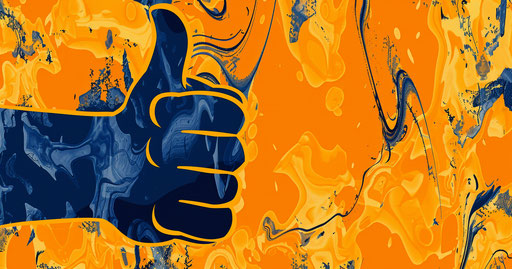 Thumbs up icon, light orange and navy, smooth curves