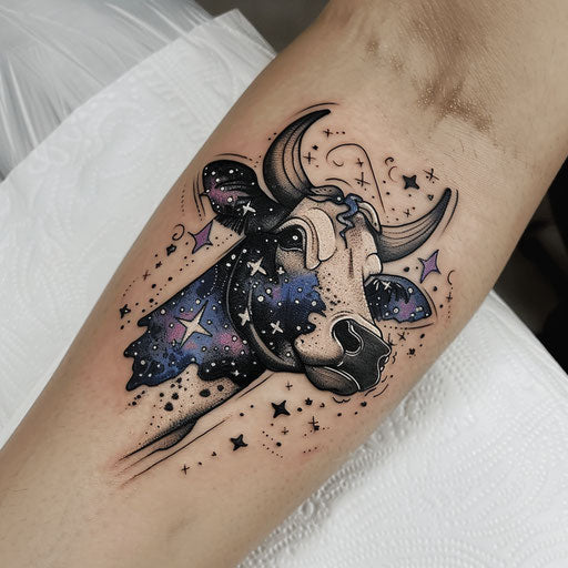 Cosmic cow tattoo with stars and galaxy patterns on white