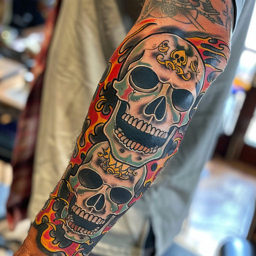 Traditional skulls and flames arm tattoo