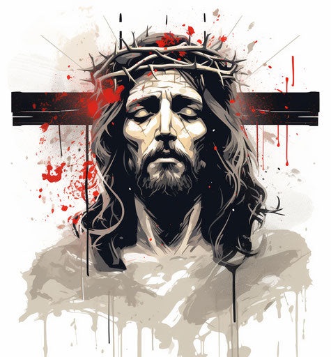 Black and white Jesus on the cross, tachist style, crossed colors