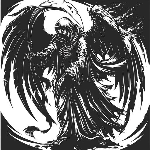 Beautiful flat tattoo sketch of the angel of death with a scythe