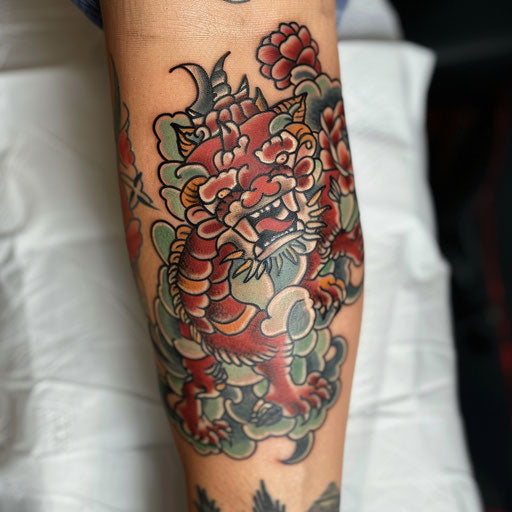 Vintage foo dog tattoo on white backdrop