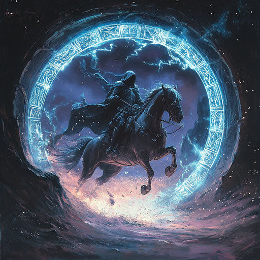 Headless horseman on a spectral horse riding through a portal