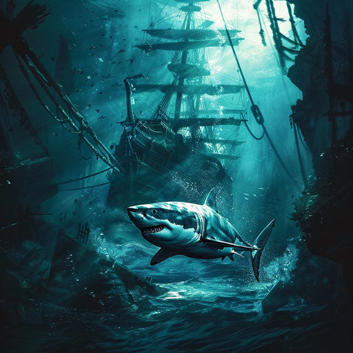 Great white shark swimming near a shipwreck, Ashraful Arefin style