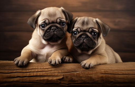 Two small pug puppies on a wood board