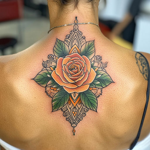 Rose tattoos for women with a mandala design in the background in the style of Ami James