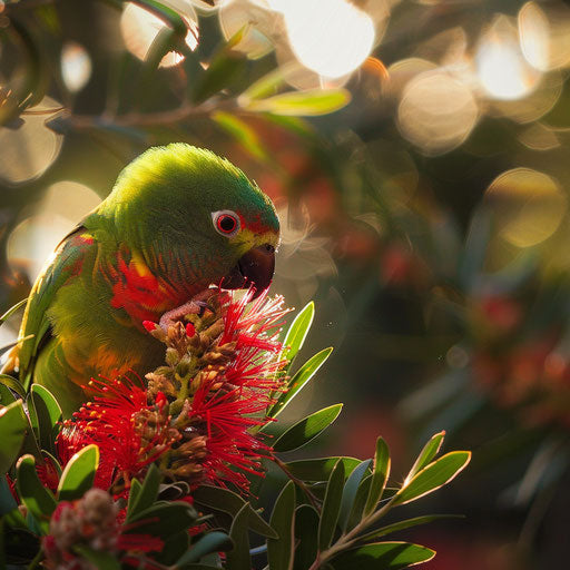 Swift parrot feeding on bright red flowers