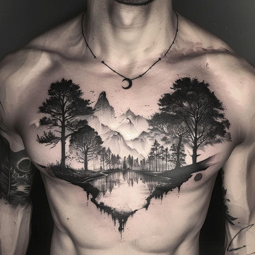 Cool tattoos for men with surreal landscape on the chest