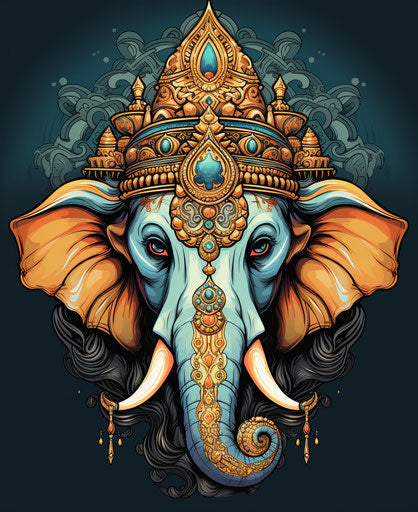 Indian lord with elephant head and crowns, symbol of Hinduism