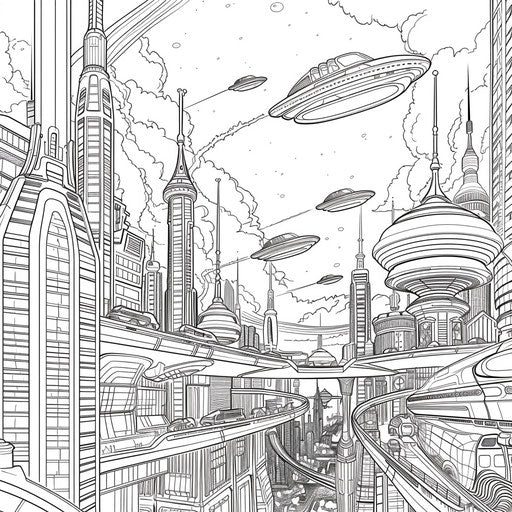 Futuristic city with flying cars and skyscrapers