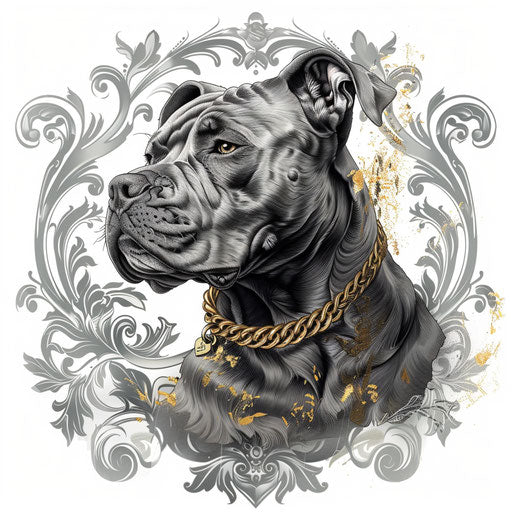 Ornate pitbull tattoo design with baroque details and luxurious gold accents
