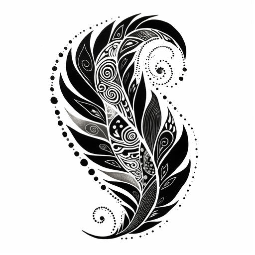 Ornate black and white feather drawing, dreamy symbolism