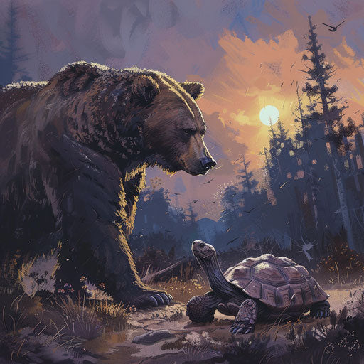 Meeting of a grizzly bear and an old tortoise, a blend of worlds