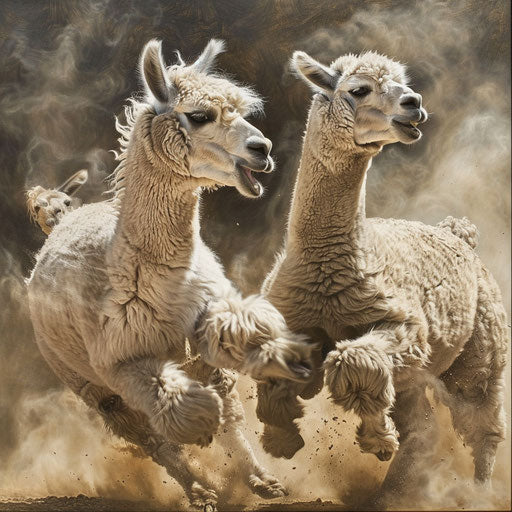 Alpacas in a playful squabble, kicking up dust in a display of spirited energy.