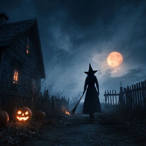The Witch and the Glowing Pumpkin at Night
