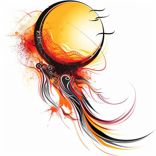 Stylized sunset tattoo with bold fiery colors and tribal elements