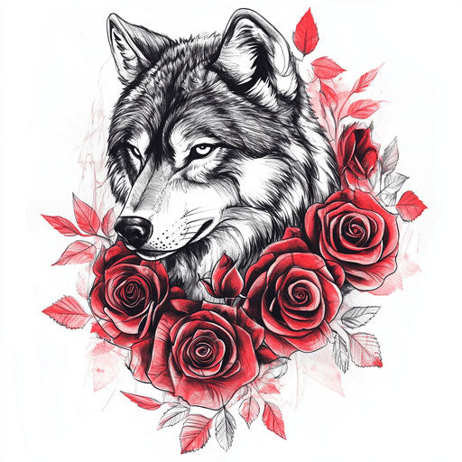 Wolf and roses tattoo in flat black and red style