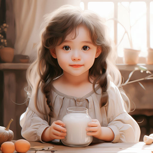 A beautiful little girl sitting at a table with milk