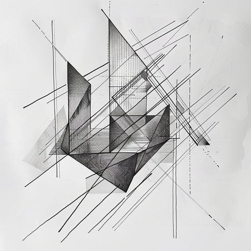 Interlocking abstract geometric shapes in black on white