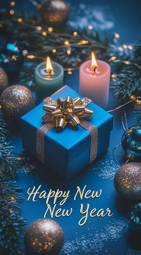 Christmas candles and blue gift box with ribbon on golden holly background