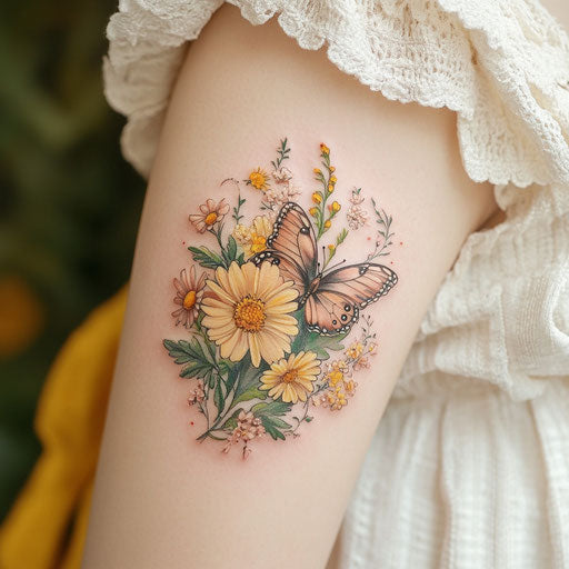 Daughter tattooed with a butterfly resting on a flower on shoulder