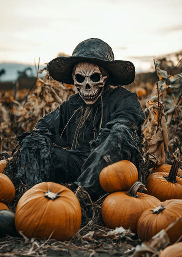 Scarecrow with skull face, pumpkin patch