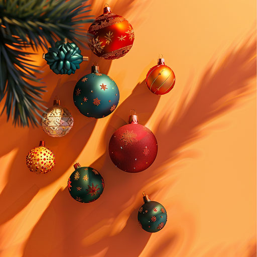 Realistic Christmas decorations on sunset orange backdrop