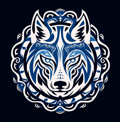 Tribal wolf in circle with tribal tattoos in navy blue and white