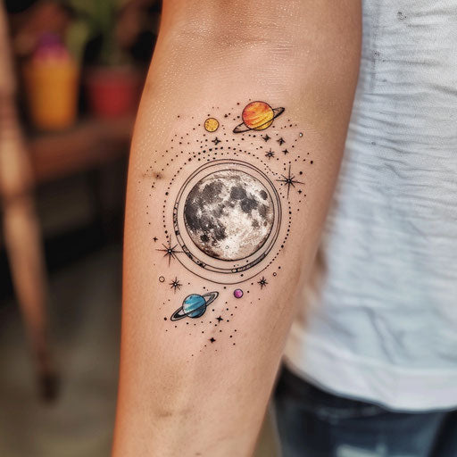 Flat tattoo sketch of moon surrounded by planets in space