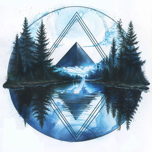 Mirrored pyramid reflecting calm lake, blues and silvers