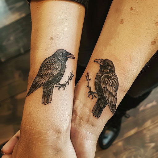 Matching sister tattoos of gothic ravens
