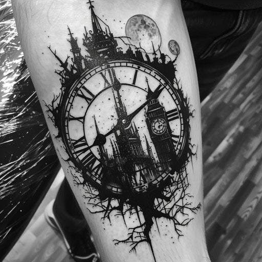 Gothic clock tattoo with a significant hour