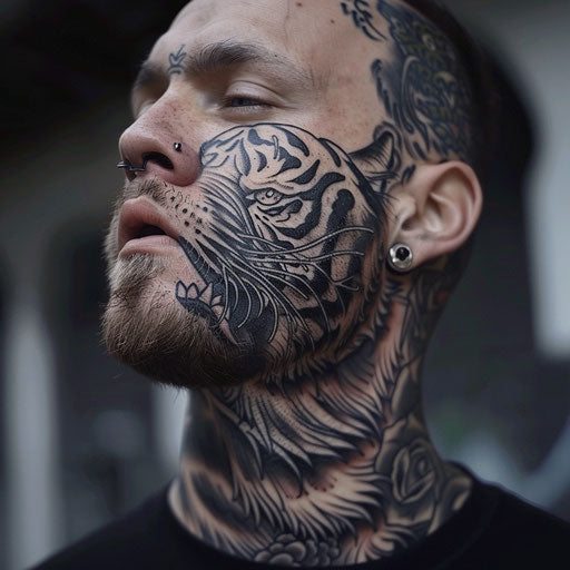 Neck tattoo for men with a fierce tiger, in the style of Ami James