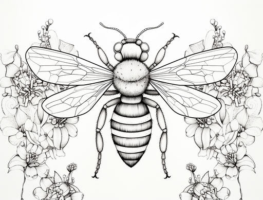 Drawing of a honey bee and bee's abdomen, gond art style