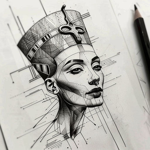 Contemporary flat tattoo sketch of Nefertiti with geometric patterns