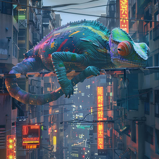 Futuristic chameleon robot in a cyberpunk cityscape