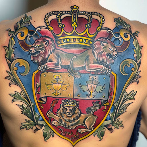 King's heraldry tattoo in bold colors on white background