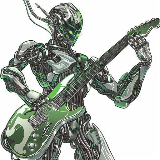Robot playing electric guitar in neon green clipart style