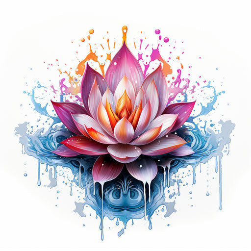 Colorful lotus flower with swirling details and drips of water