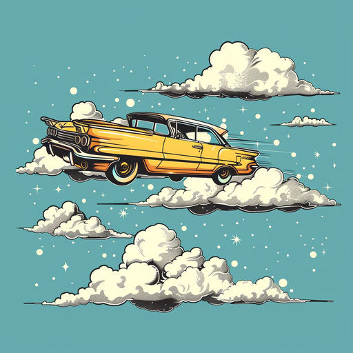 Flying car in blue sky with clouds in surreal clipart style tattoo sketch
