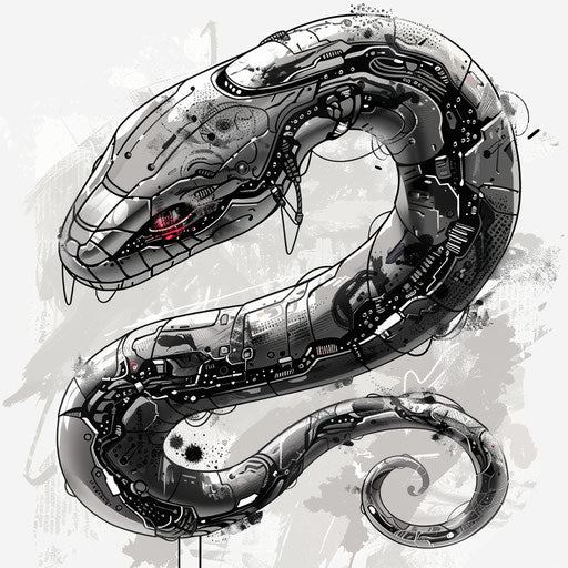 Cybernetic black mamba: futuristic tattoo in silver and black