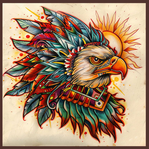 Sketch of a Chicano art eagle with Aztec sun