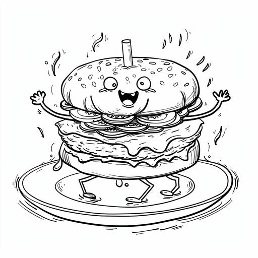 Burger dancing on a plate - Coloring book page