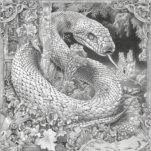 An enchanted snake in a mythical setting, Gennady Spirin style